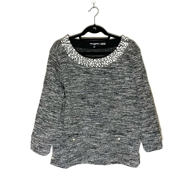 Karl Lagerfeld Tops - KARL LAGERFELD Tweed Pearl Neckline Blouse L